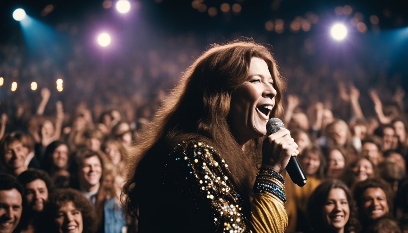 Janis Joplin's solo career and major hits could be depicted through a microphone on a stage, with a spotlight shining down, surrounded by a crowd of cheering fans