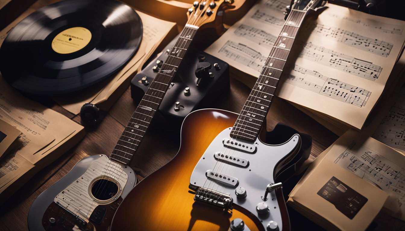 A guitar surrounded by vinyl records and music sheets, with a spotlight shining down on it