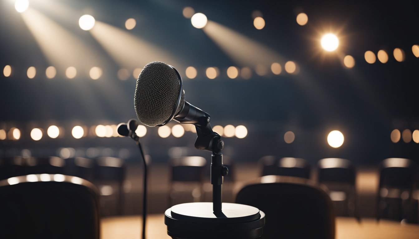 A vintage microphone stands alone on a dimly lit stage, surrounded by empty chairs. A single spotlight illuminates the microphone, casting a haunting glow