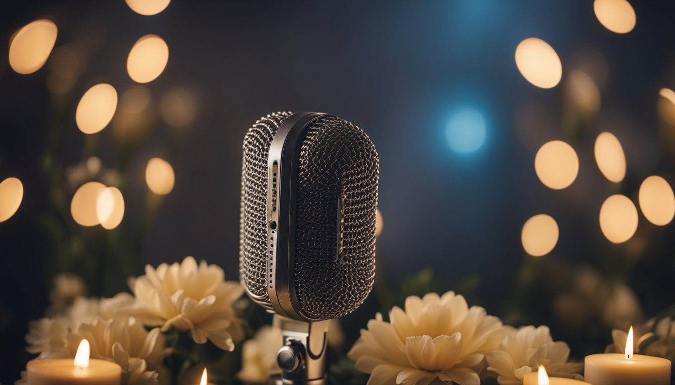 A microphone stand surrounded by flowers and candles, with a spotlight shining down on it