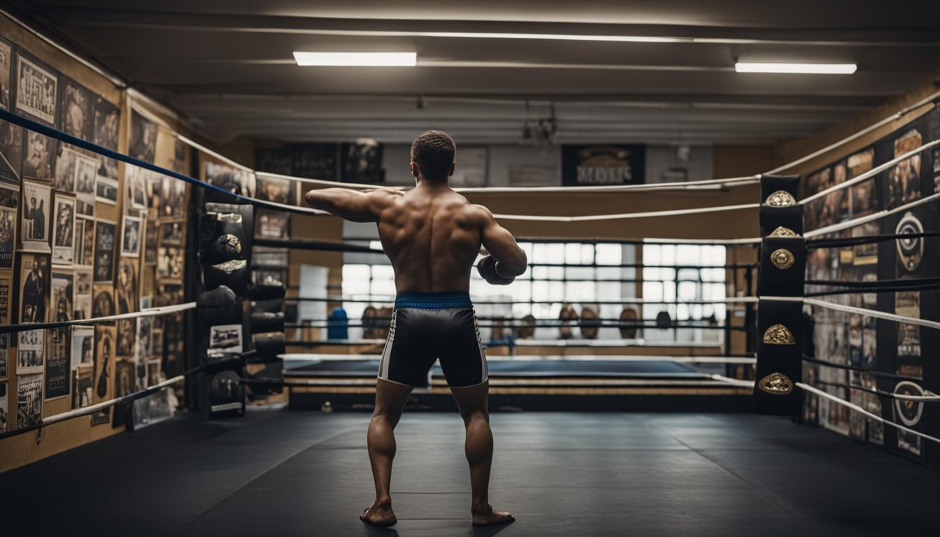 A young wrestler trains in a gym, surrounded by posters of famous matches and championship belts. The room is filled with the sound of grunts and the clanging of weights