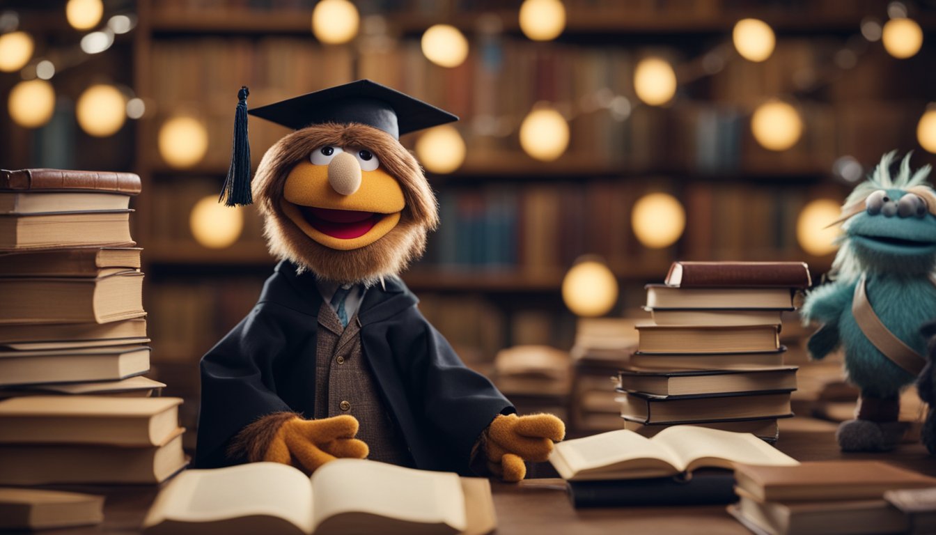 A young Jim Henson surrounded by books and puppets, with a bright smile on his face. A graduation cap sits on a nearby table