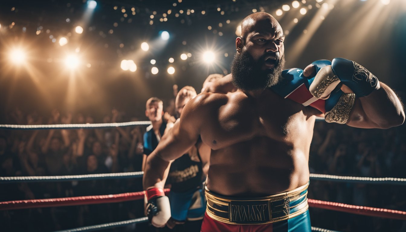 A wrestler standing victorious in the ring, surrounded by cheering fans and bright lights