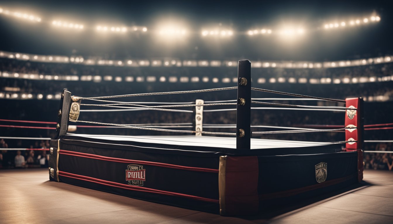 A wrestling ring with a spotlight on an empty championship belt, surrounded by a cheering crowd