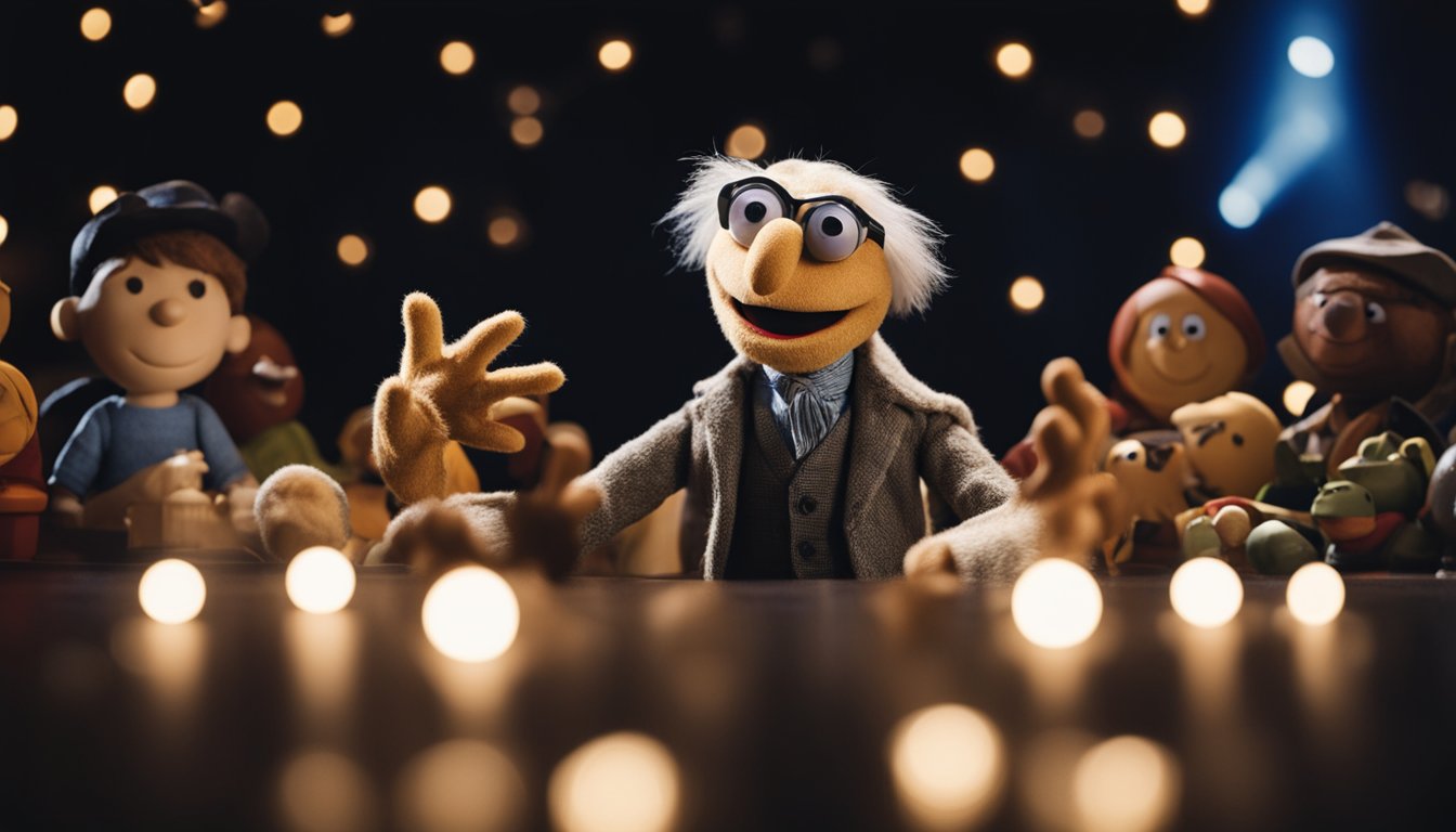 A puppeteer's hand lies still, surrounded by beloved characters. A single spotlight highlights the empty stage, a poignant tribute to Jim Henson's passing