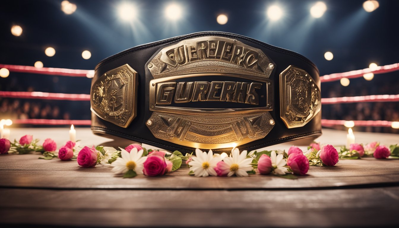 A wrestling ring with empty turnbuckles, a spotlight shining on Guerrero's name on a championship belt, surrounded by flowers and candles