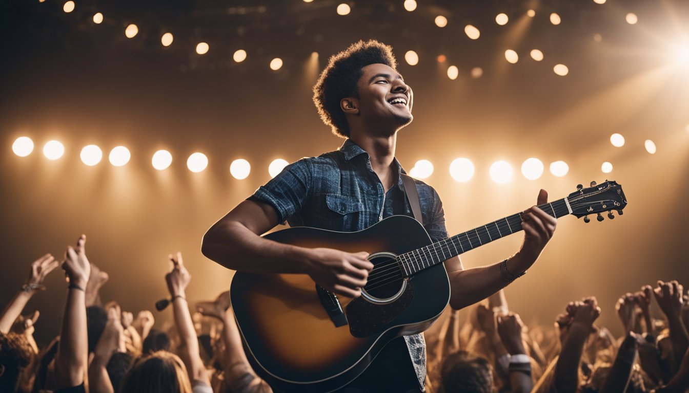 A young musician plays guitar on stage, surrounded by cheering fans