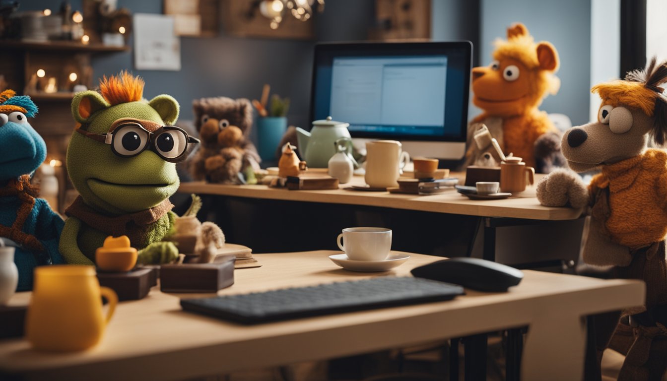 A cozy, cluttered studio with colorful puppets and a work desk. A warm cup of tea sits untouched. The room feels both lively and melancholic