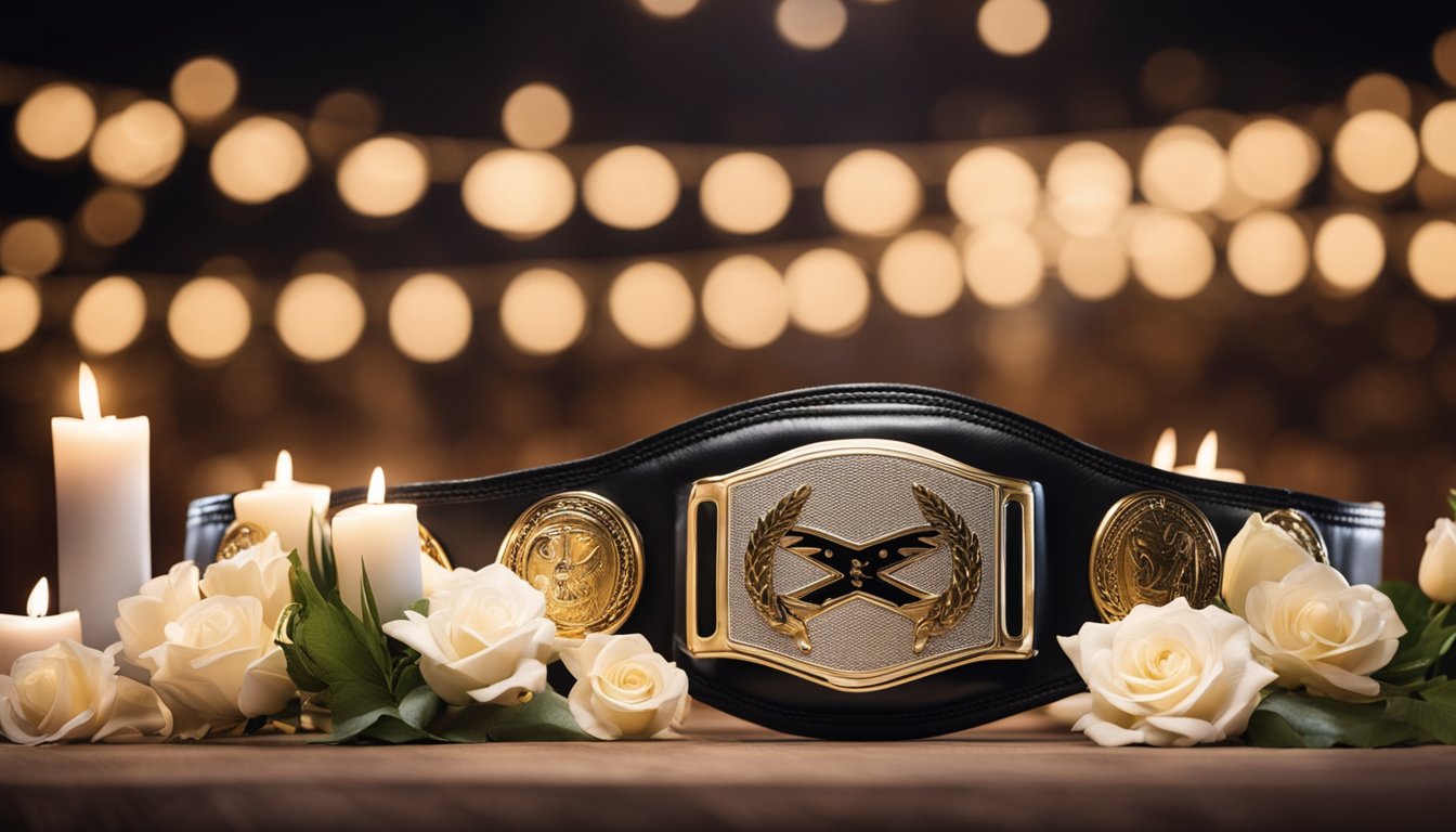 A wrestling ring with a spotlight shining on an empty championship belt, surrounded by flowers and candles in tribute to Eddie Guerrero's legacy