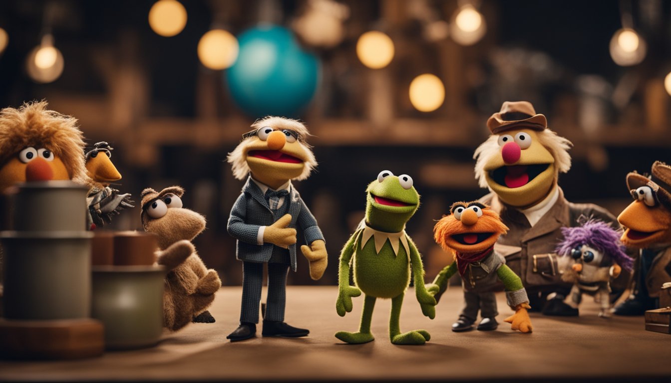 A puppeteer's hands at work, surrounded by iconic Muppet characters, a warm and whimsical workshop atmosphere