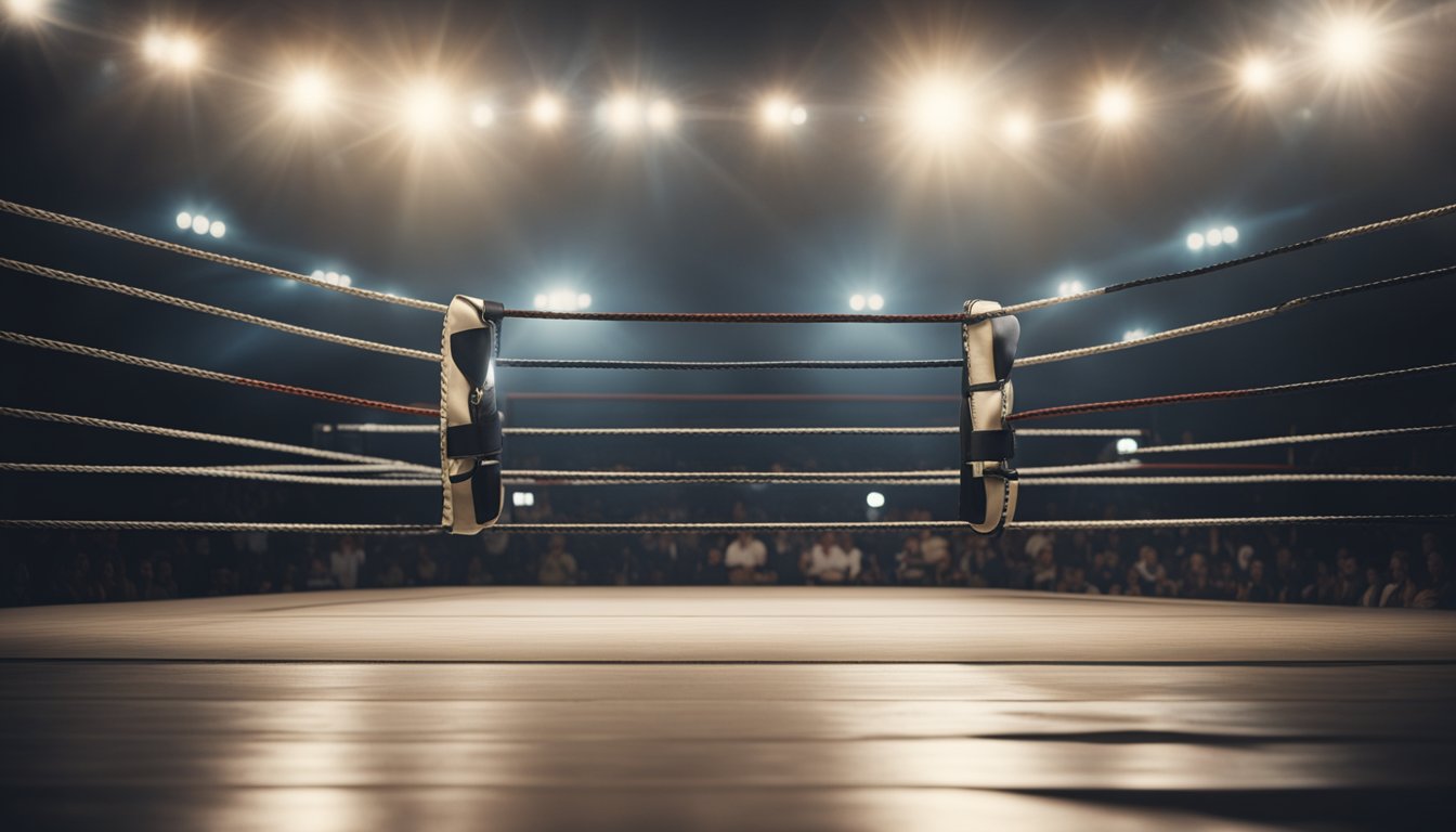 A wrestling ring with a spotlight shining on an empty championship belt, surrounded by a somber audience