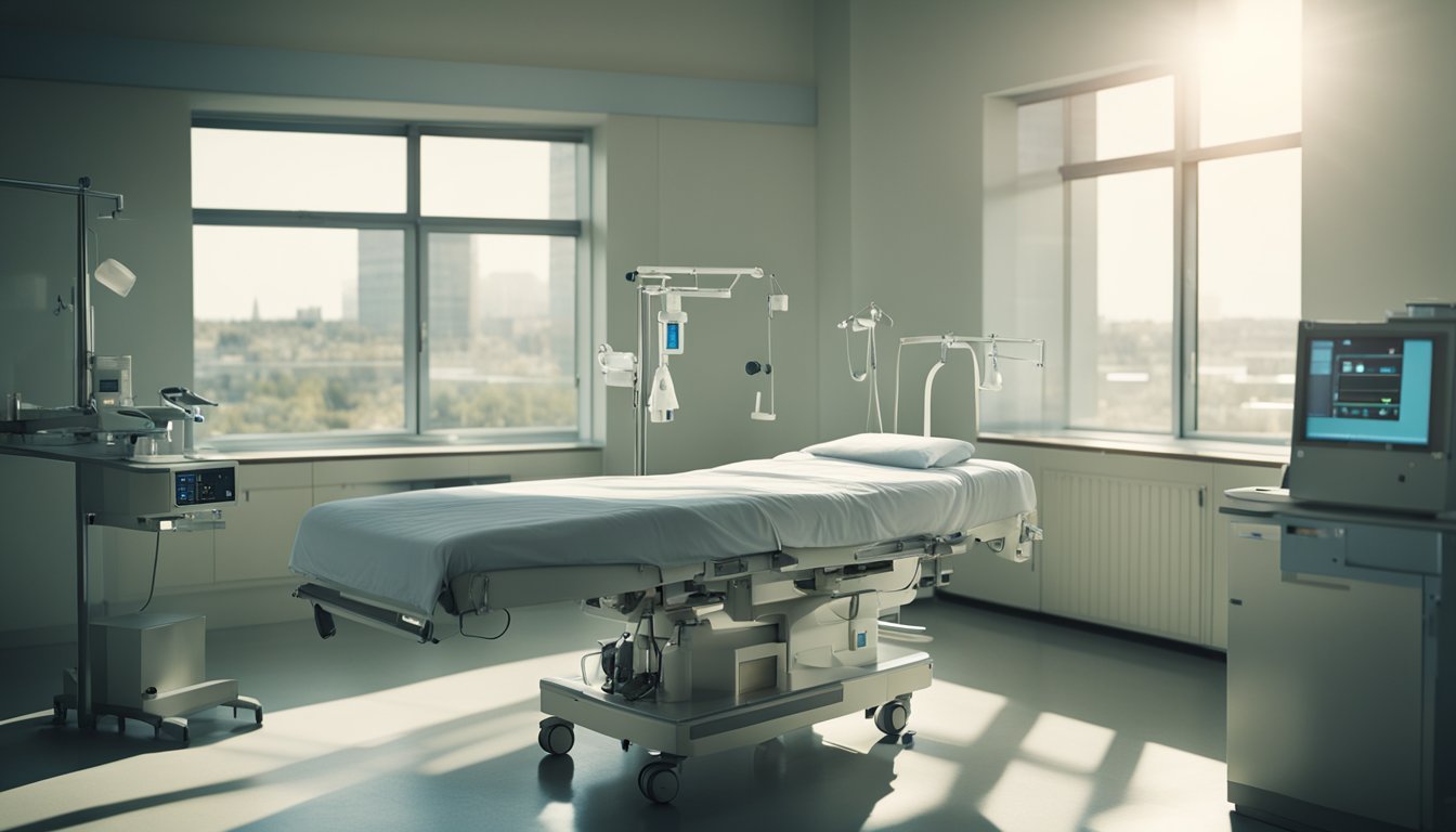 A somber hospital room with medical equipment and a solitary bed. Sunlight filters through the window, casting a soft glow on the sterile surroundings