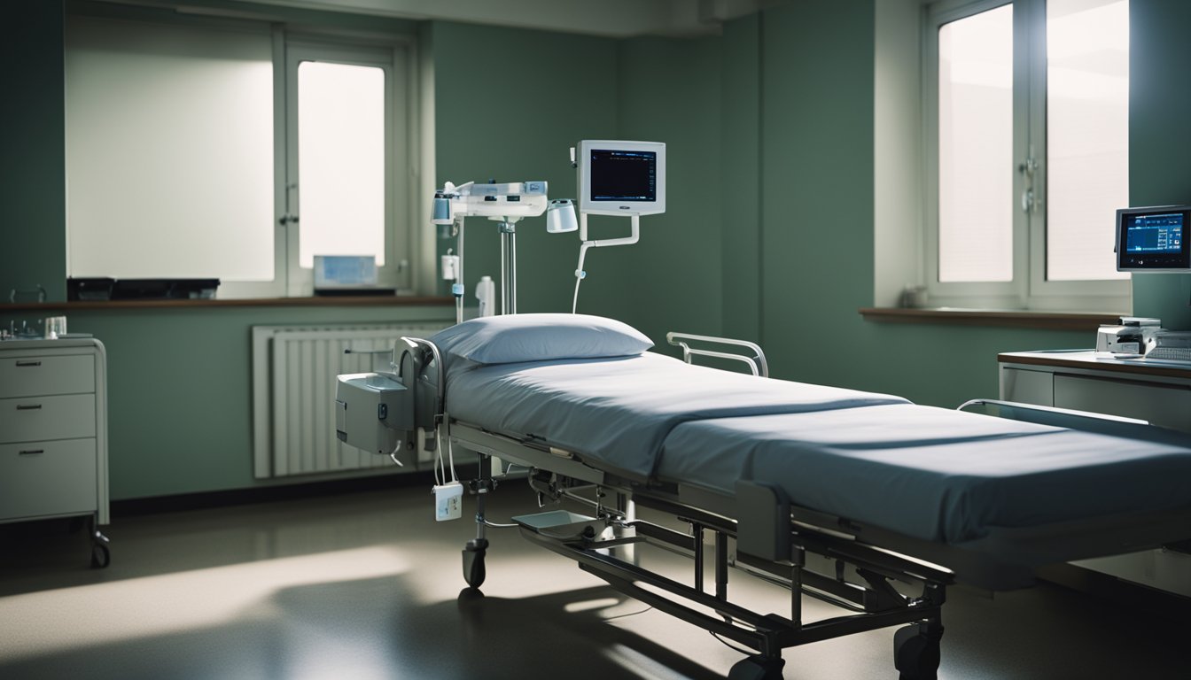 A dimly lit hospital room with a solitary bed, medical equipment, and a somber atmosphere