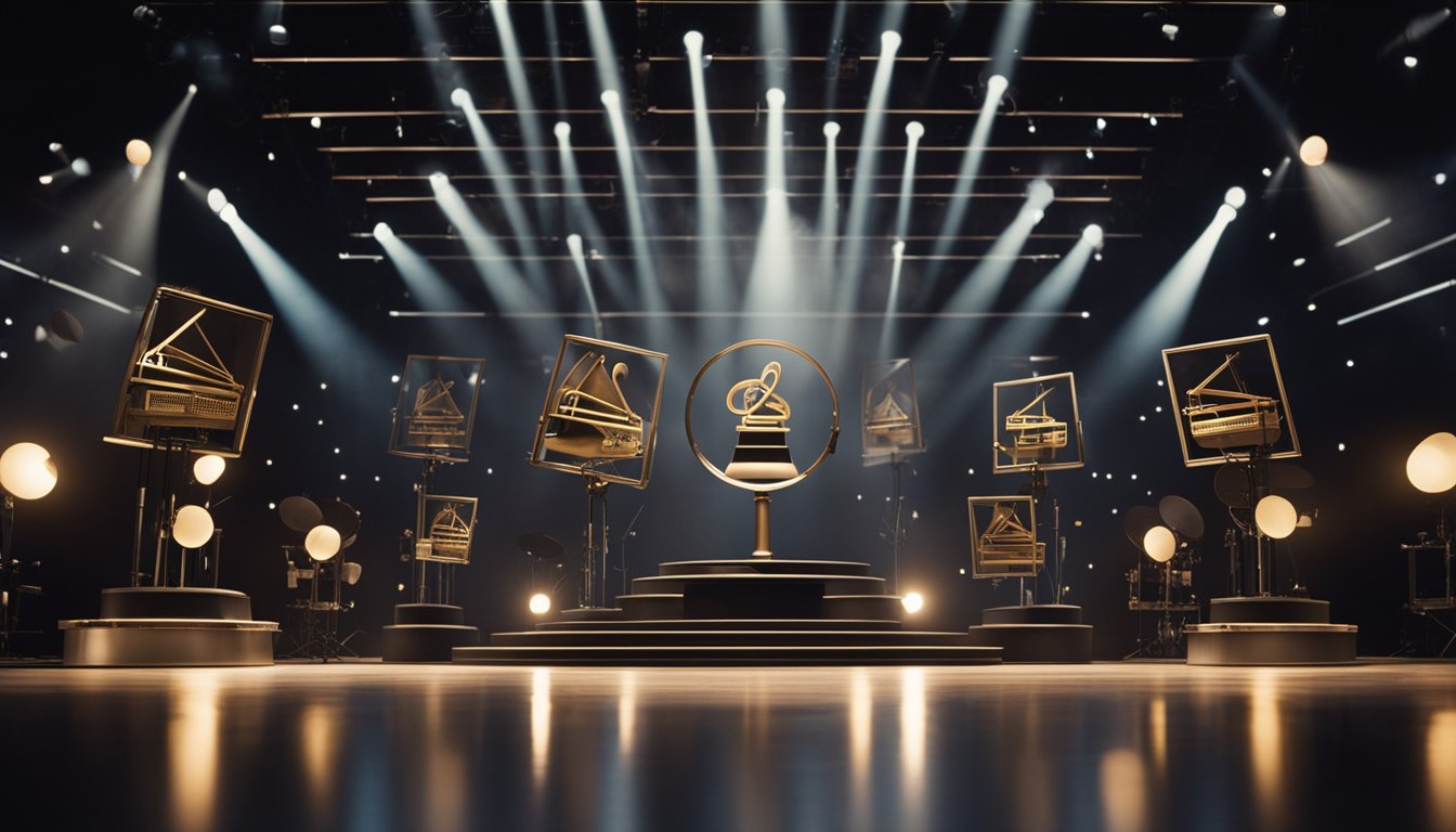 A stage with musical instruments and awards, surrounded by a spotlight, symbolizing Glenn Frey's musical legacy and achievements