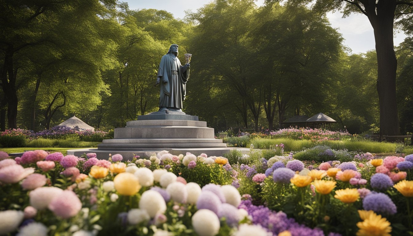 A serene park setting with a large statue or monument surrounded by flowers, candles, and notes left by fans in honor of Jim Henson