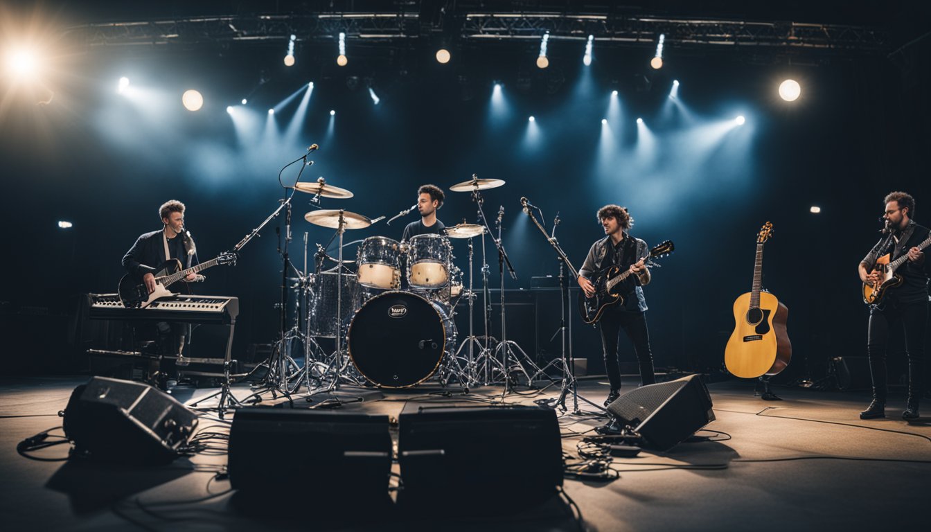 A stage with instruments and empty mic stand, surrounded by somber band members