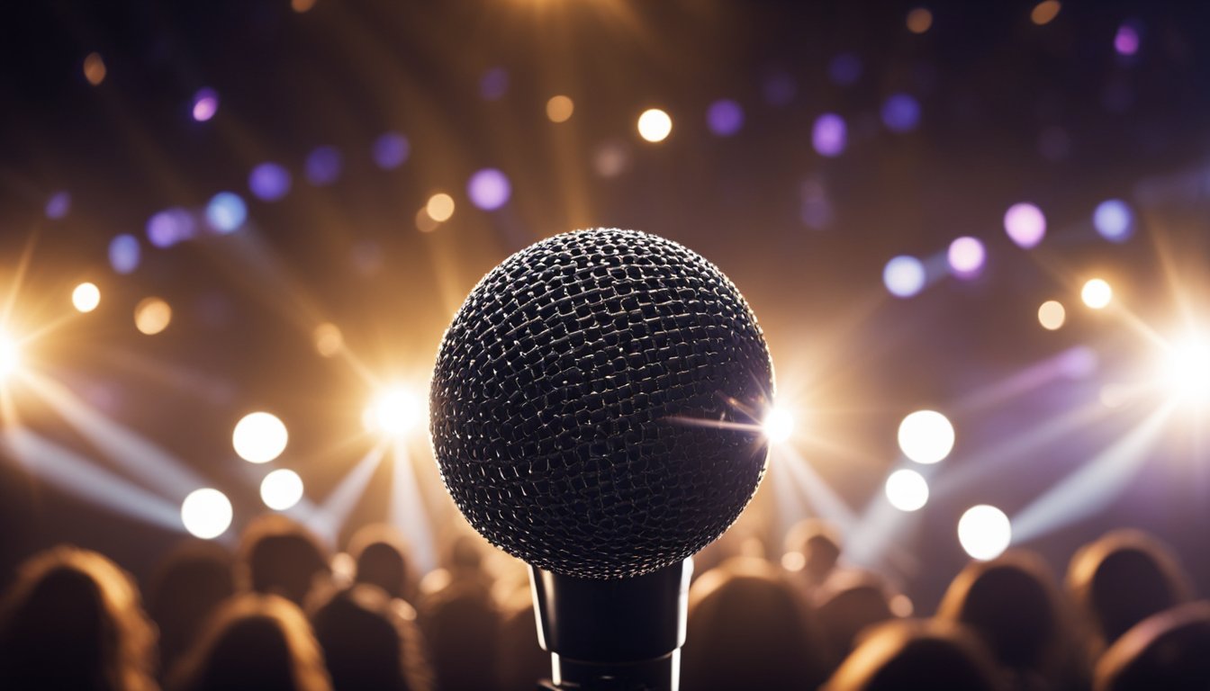 A spotlight shines on a microphone and stage, surrounded by adoring fans. A silhouette of a legendary singer is seen in the background