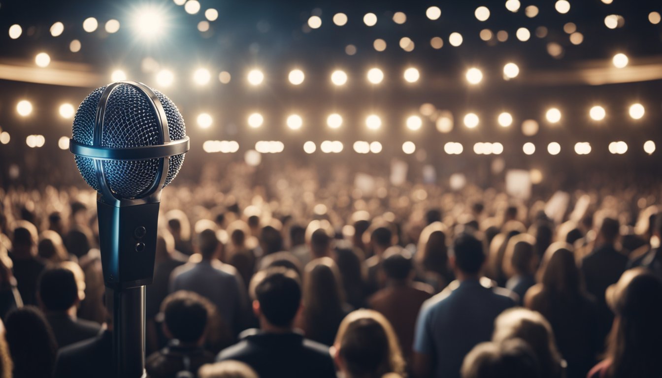 A microphone stands alone on a stage, surrounded by spotlights. A crowd of people gather, holding signs and raising their voices in support