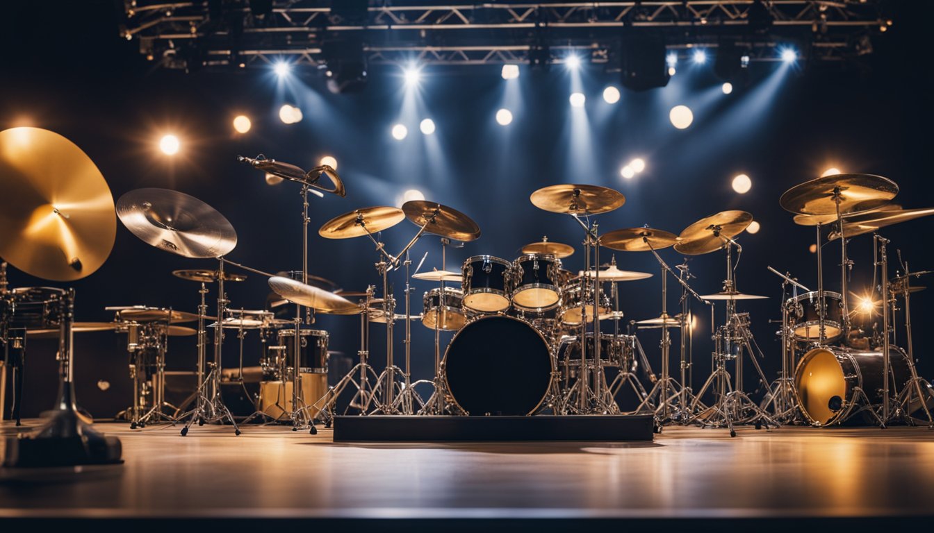 A stage with musical instruments, awards, and collaboration memorabilia