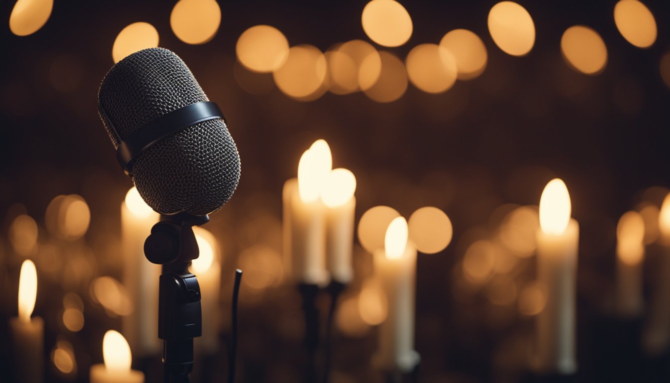 A microphone stands alone on a stage, surrounded by flickering candles. A somber atmosphere fills the air, as if waiting for the voice of Nate Dogg to fill the space once more