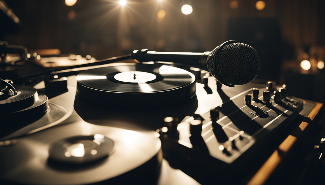 A spotlight shines on a stage with a microphone and musical instruments. A record player spins nearby, surrounded by vinyl records. The room is filled with the sound of Luther Vandross's soulful music