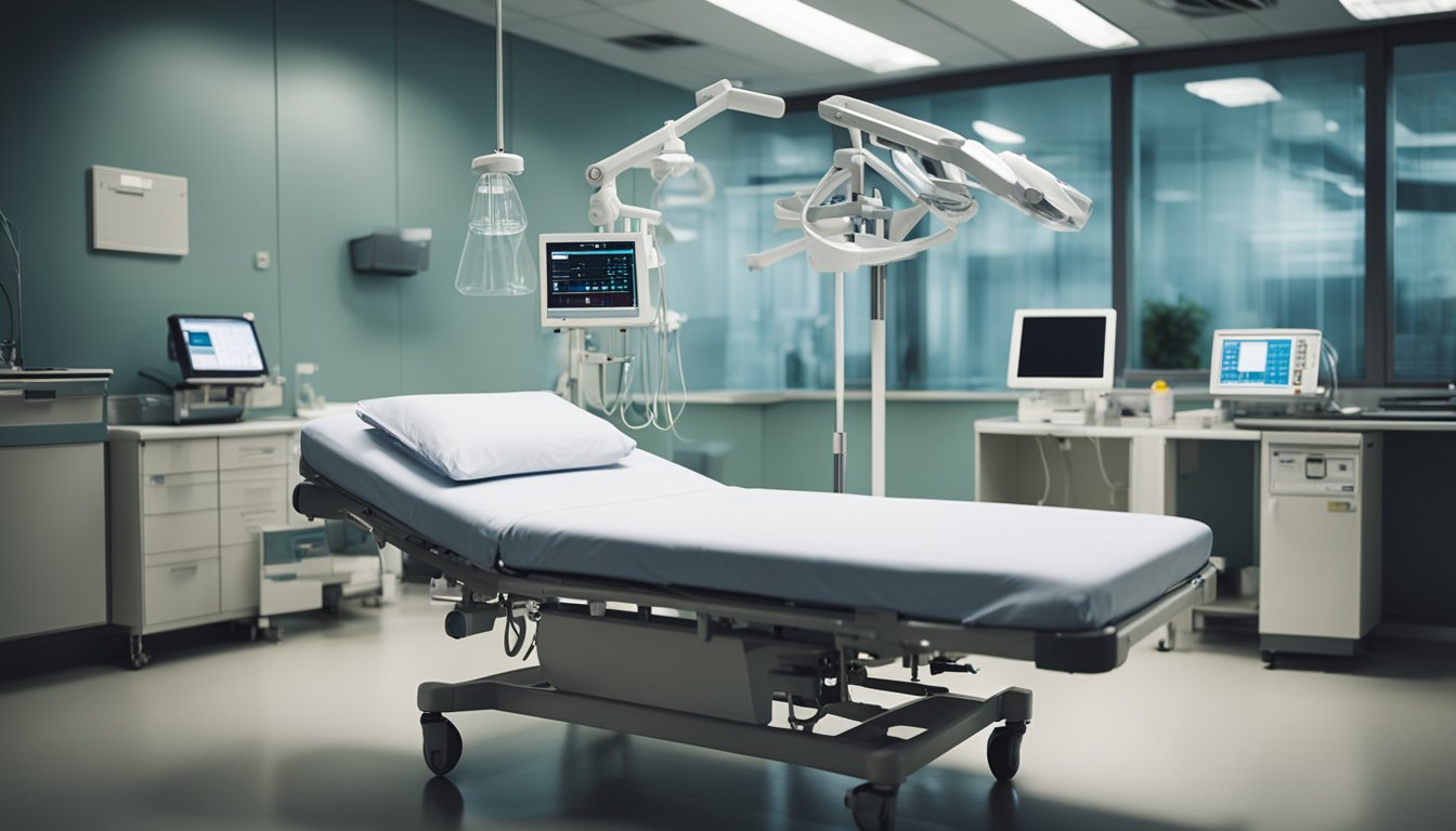 A hospital bed surrounded by medical equipment and a somber atmosphere