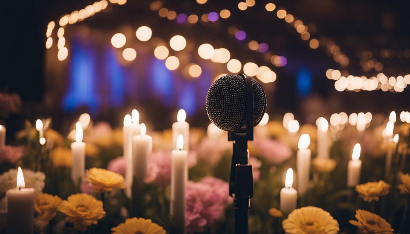 A microphone stands alone on a dimly lit stage, surrounded by flowers and candles. A somber atmosphere fills the air as the spotlight fades