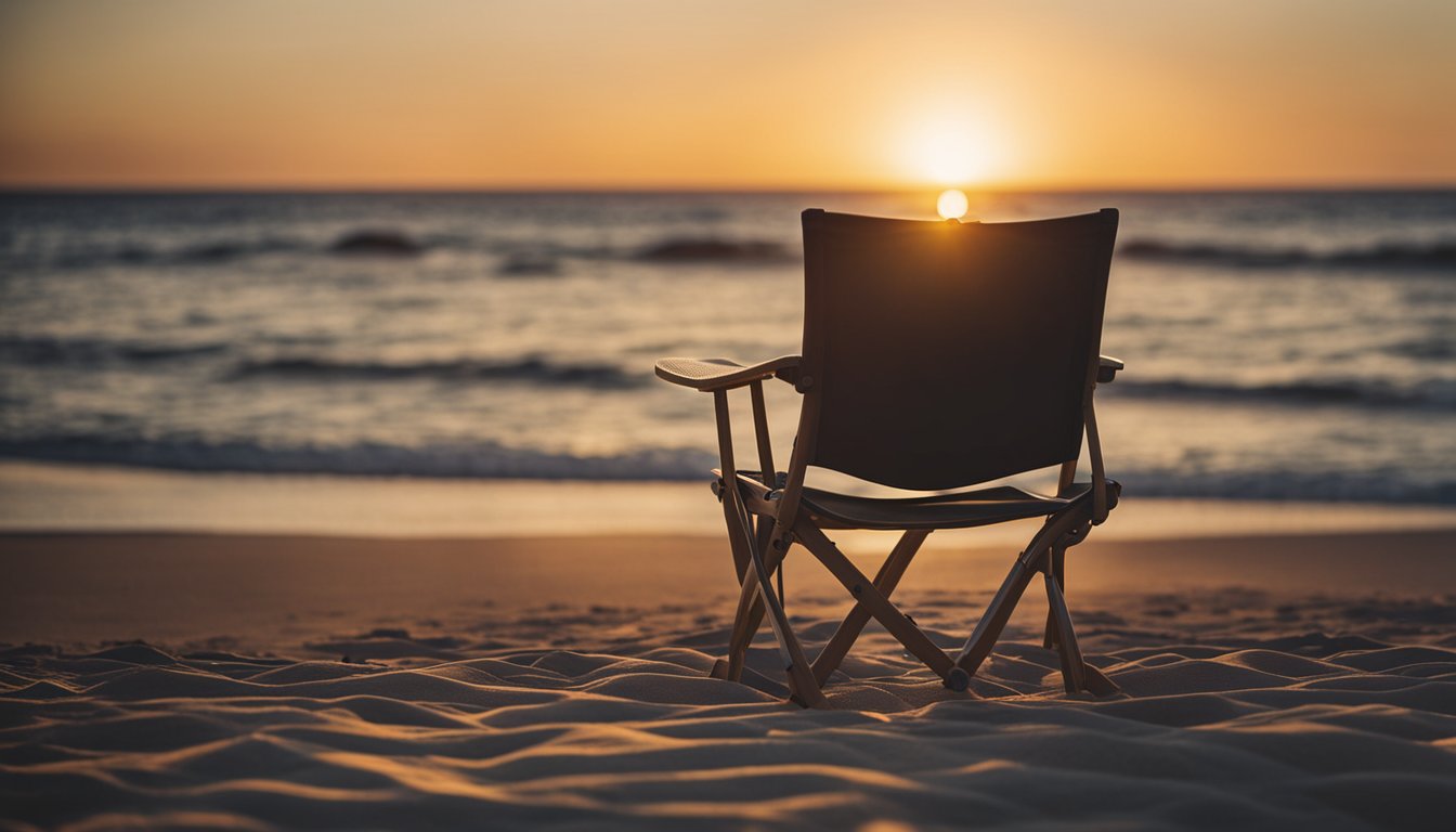 A peaceful sunset over a calm ocean, with a guitar resting against a chair on the shore