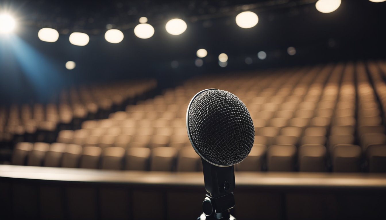 A microphone stands alone on a dimly lit stage, surrounded by empty seats. Spotlight highlights the solitary object, evoking a sense of absence and loss