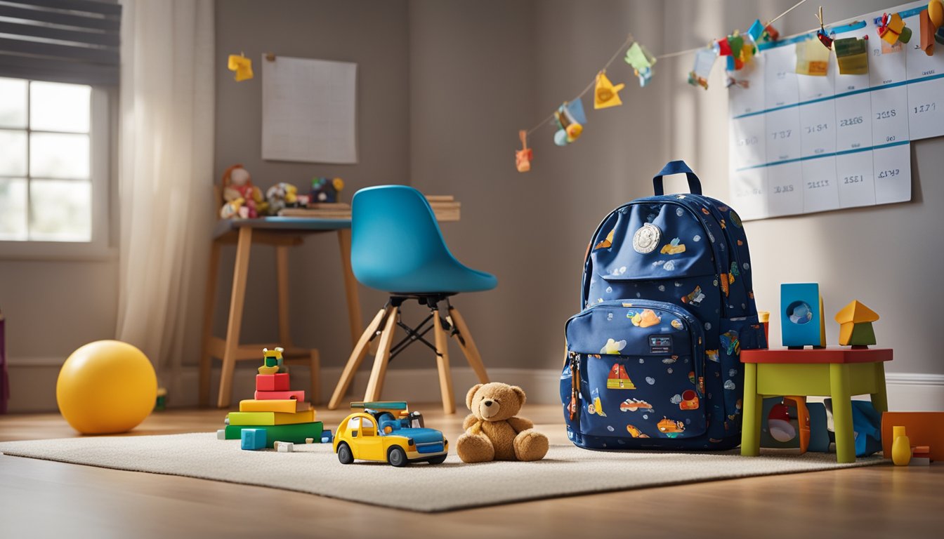 A child's bedroom with toys scattered on the floor, a school backpack hanging on a chair, and a calendar with dates crossed out