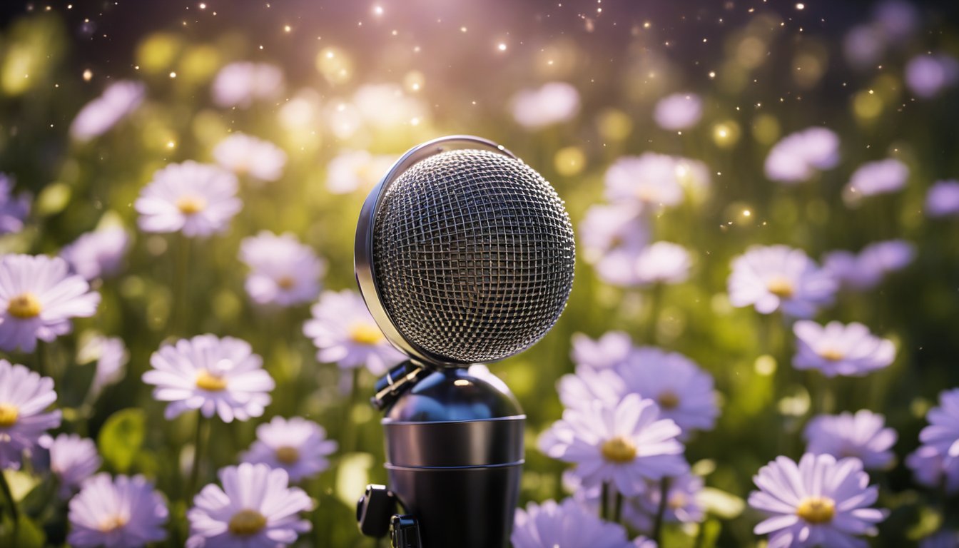 A spotlight shines on a trophy surrounded by flowers and a microphone, symbolizing career highlights. A heavy weight hangs ominously above, suggesting the cause of death