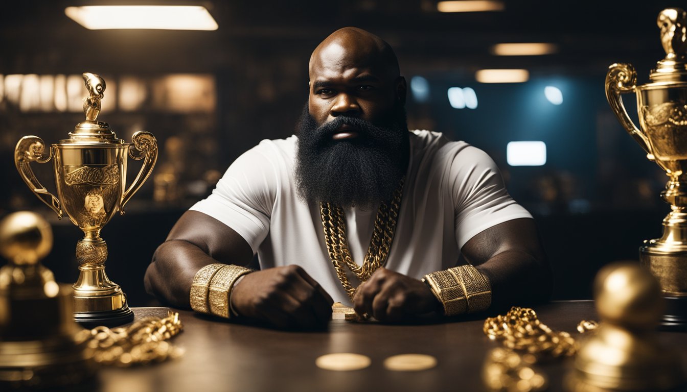 Kimbo Slice's personal life depicted through his iconic beard, gold chain, and MMA gloves on a table, surrounded by trophies and photos