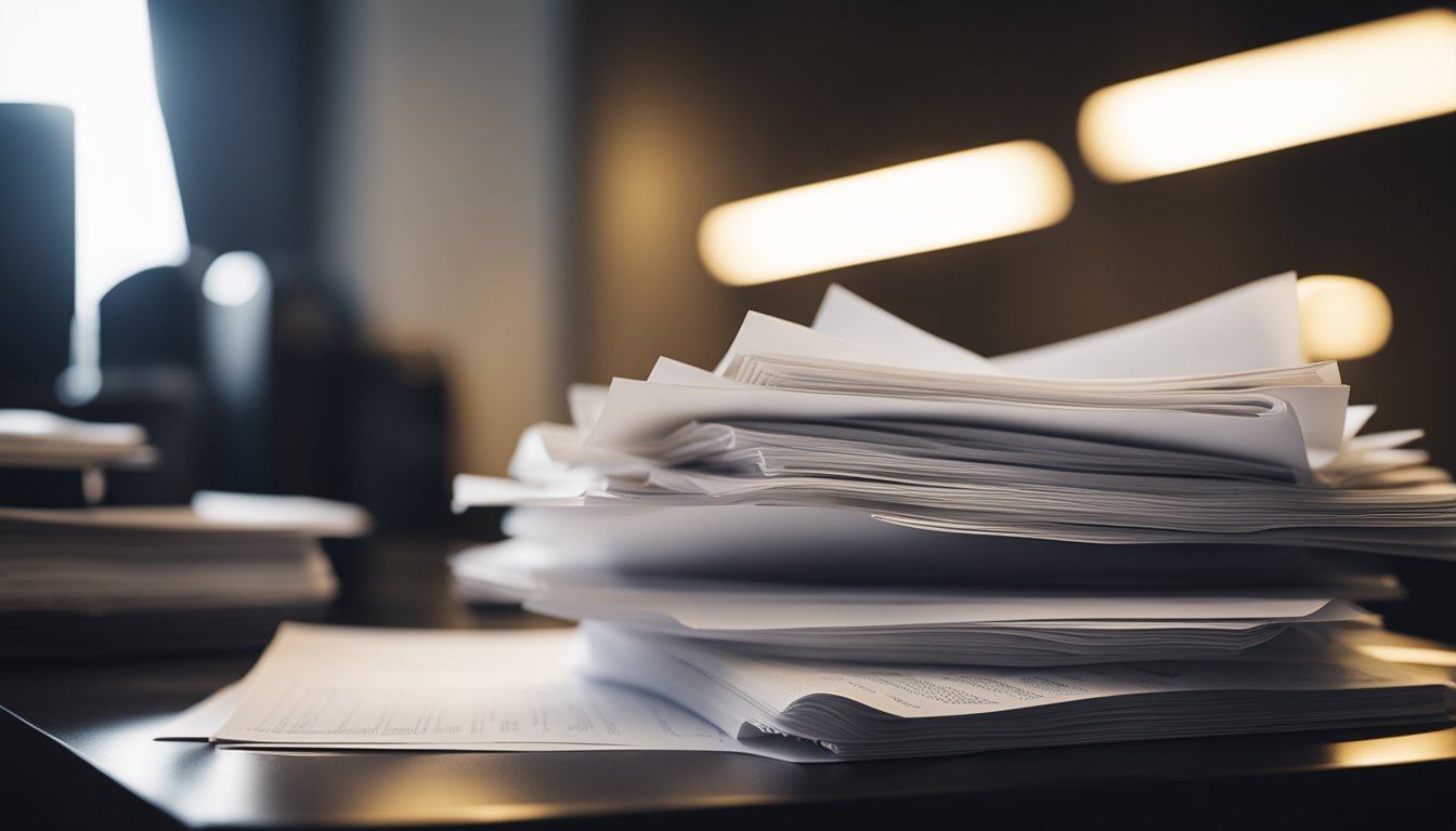 A stack of official statements and documents lies scattered on a heavy desk, surrounded by dim lighting and a somber atmosphere