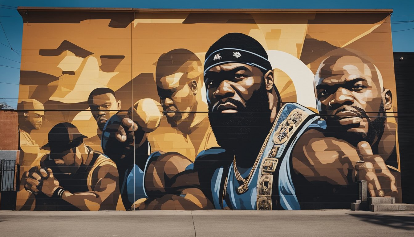 A mural of Kimbo Slice's iconic fights and cultural impact on a gritty urban backdrop