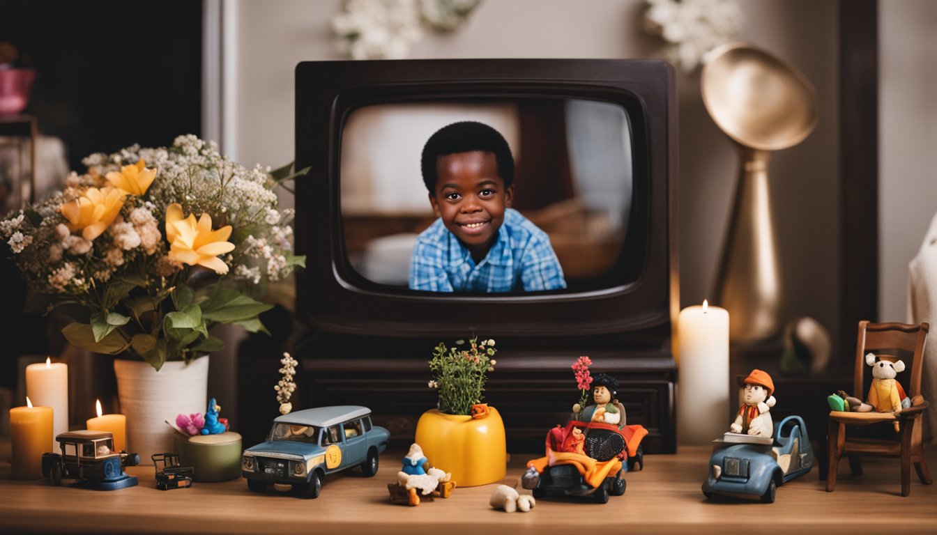 A cluttered living room with scattered toys and a small, worn armchair. A photo of Gary Coleman sits on the mantelpiece, surrounded by flowers and candles