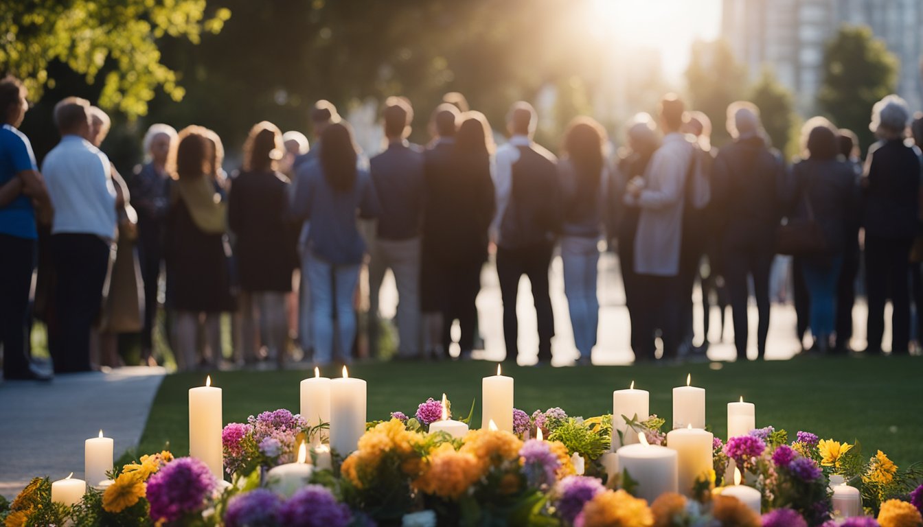 Crowds gather around a somber memorial, leaving flowers and candles. A shadow looms over, symbolizing the weight of the loss