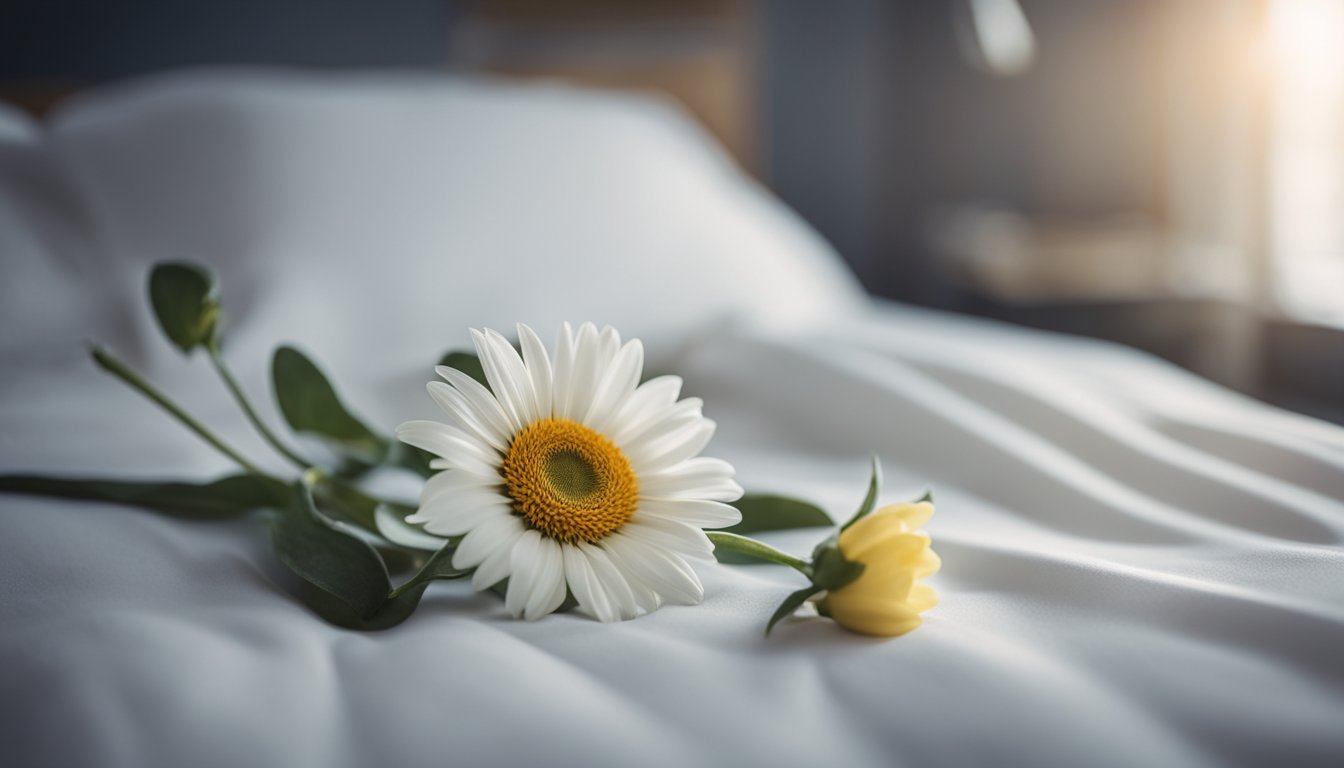 A small, empty hospital bed with a single wilted flower on the bedside table