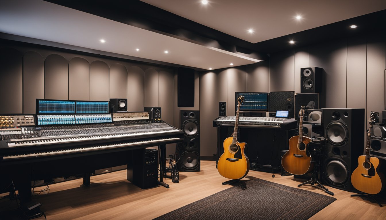 A recording studio with soundproof walls, mixing equipment, and musical instruments. A poster on the wall promotes healthy living for musicians