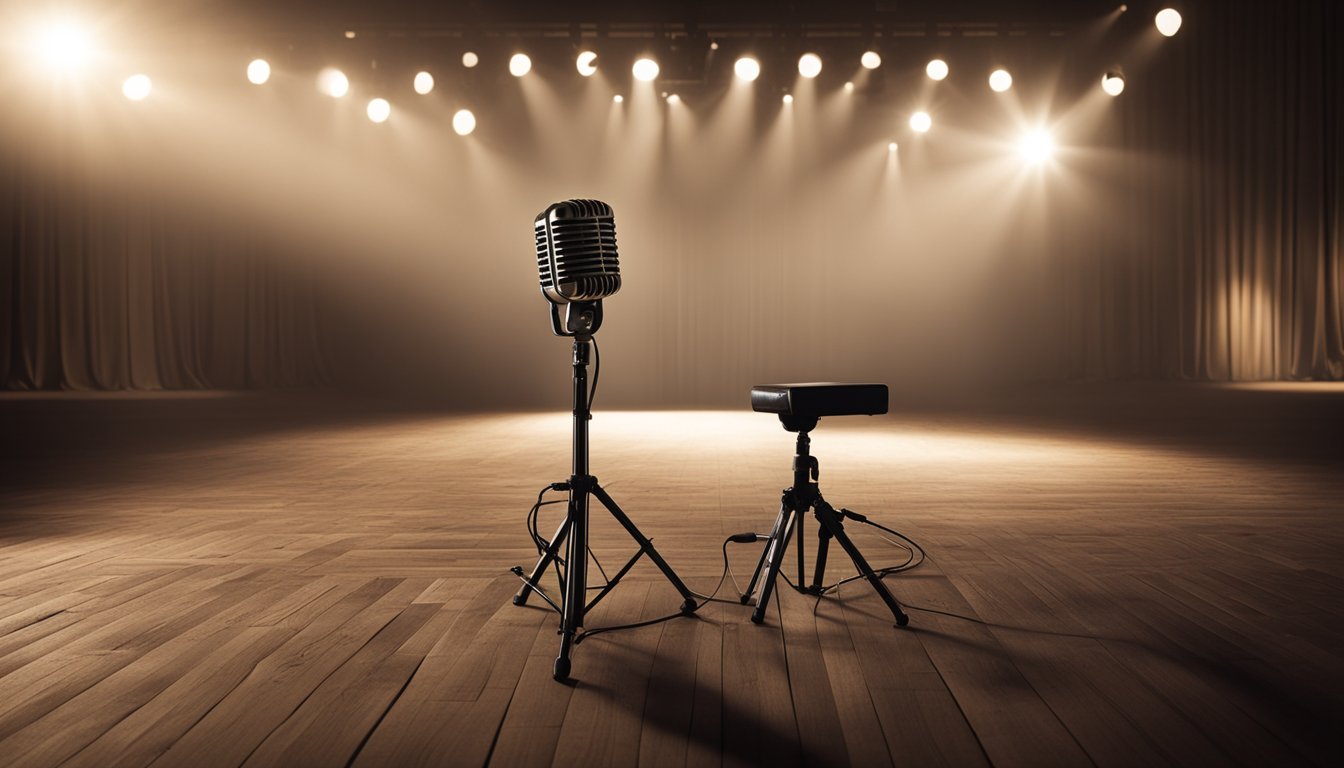 A deserted stage with a spotlight shining on an empty chair, surrounded by scattered scripts and a lone microphone stand