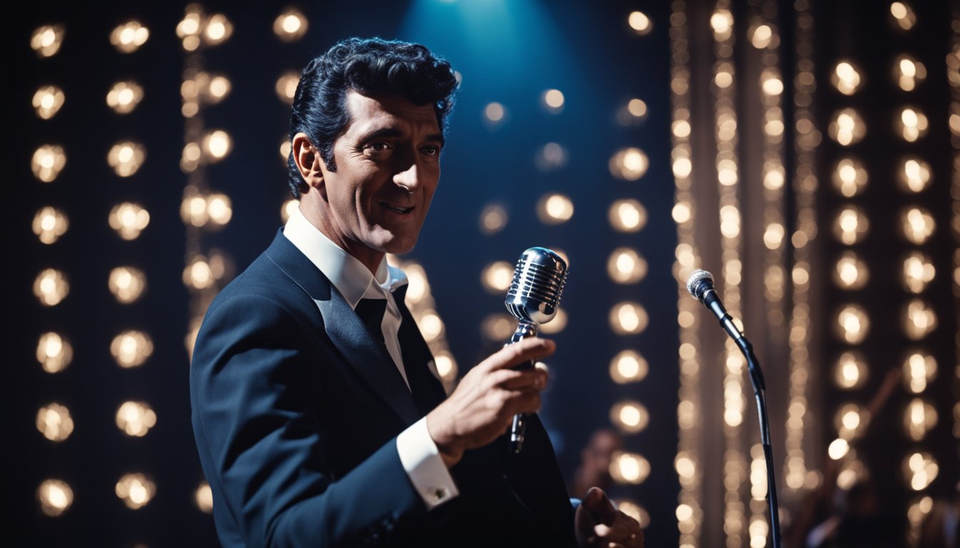 A young Dean Martin performs on stage in a dimly lit nightclub, holding a microphone and surrounded by a small band