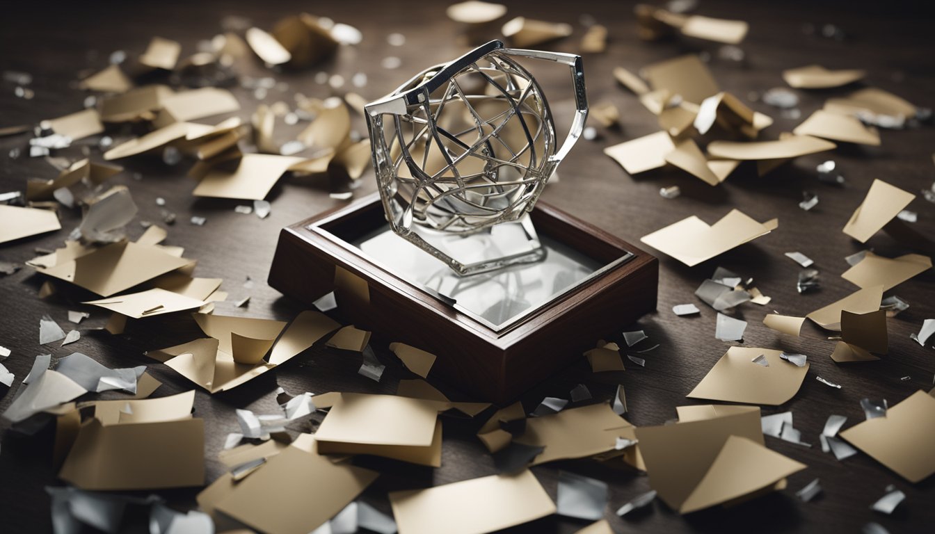 A broken trophy lies on the floor, surrounded by scattered papers and a shattered picture frame. A toppled chair and a cracked window hint at a tumultuous event