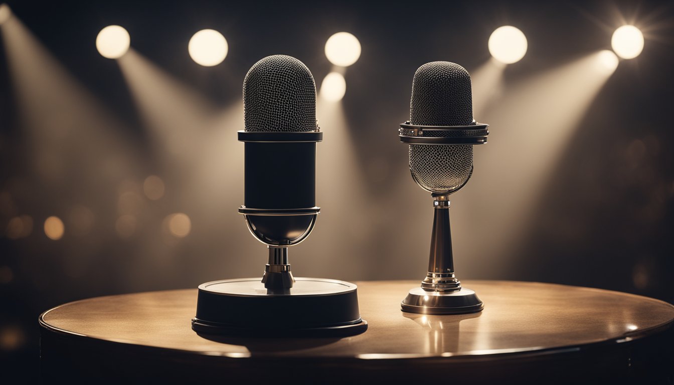 A spotlight shines on a vintage microphone center stage, surrounded by empty cocktail glasses and a smoky haze. A fedora rests on the edge of the spotlight