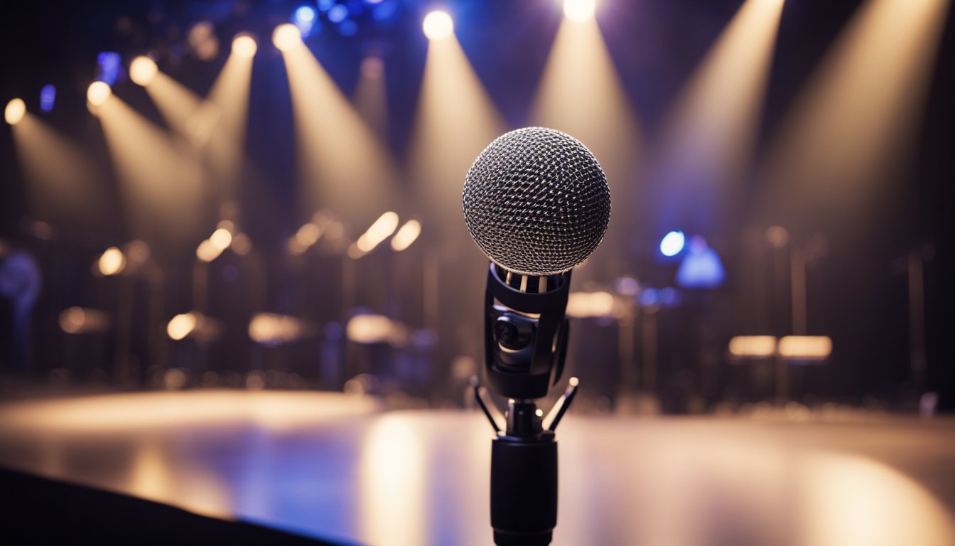 A microphone stands alone on a stage, bathed in a spotlight, surrounded by musical instruments