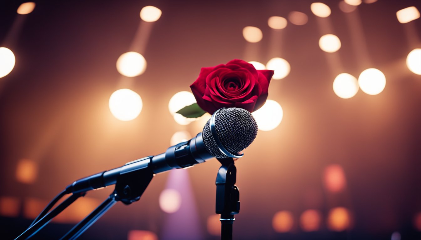 A spotlight illuminates a microphone on a stage, surrounded by musical instruments. A single red rose rests on the microphone stand, casting a somber mood