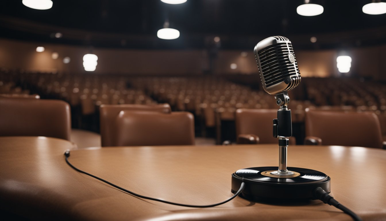 A microphone stands alone on a dimly lit stage, surrounded by empty chairs. A vintage record player sits in the corner, playing Dean Martin's music