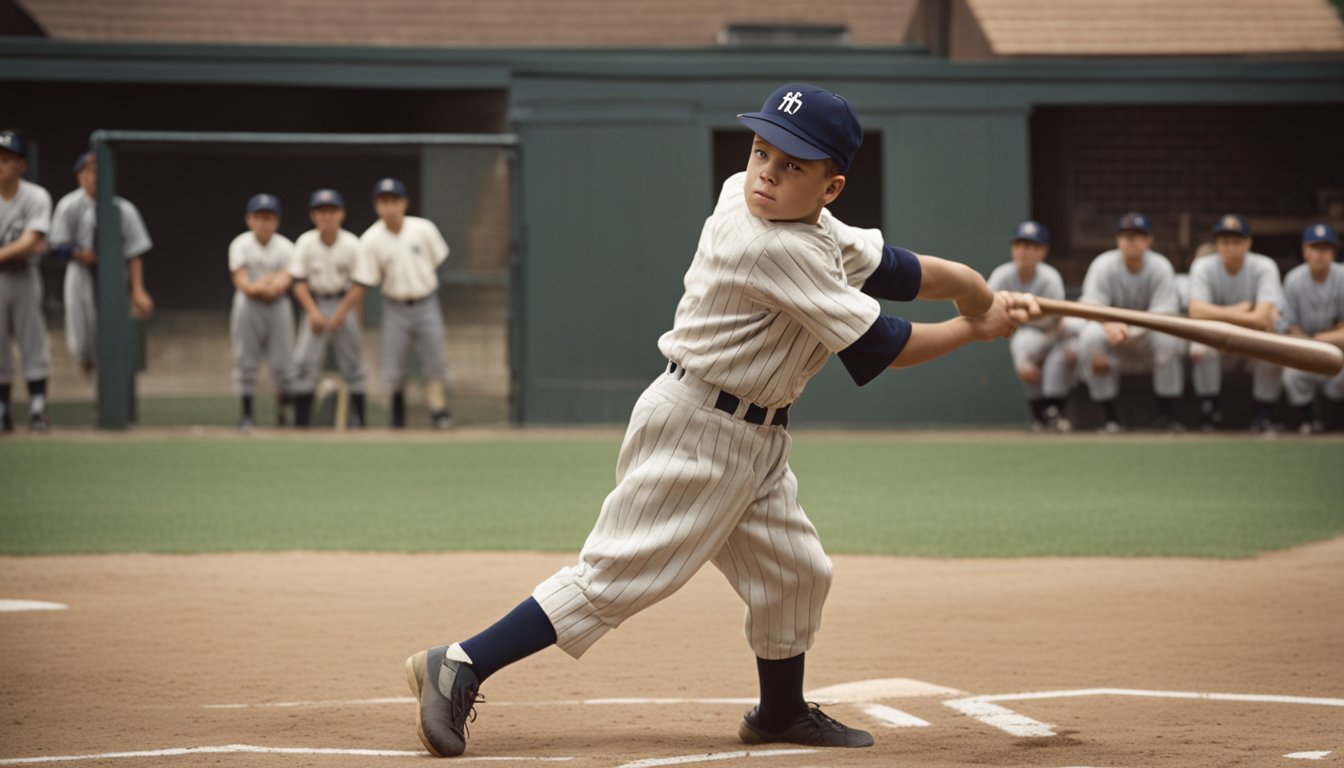 A young Babe Ruth plays baseball in a sandlot, swinging a wooden bat. He shows early talent and determination