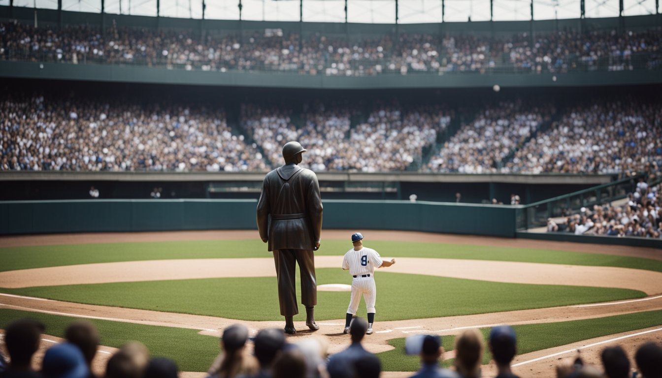 A baseball diamond with a larger-than-life statue of Babe Ruth, surrounded by adoring fans and photographers capturing the iconic moment