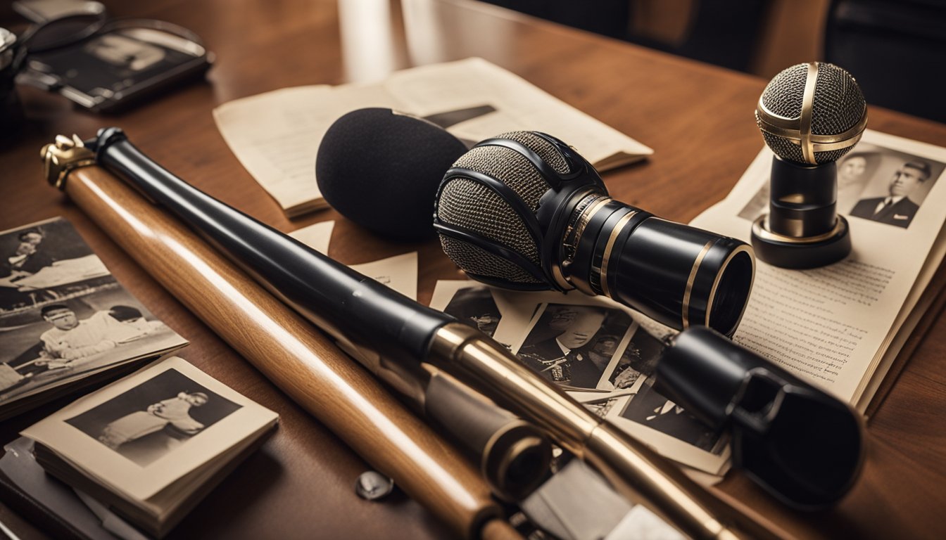 A baseball bat and a microphone lay on a table, surrounded by photos of Babe Ruth in both his personal and public life