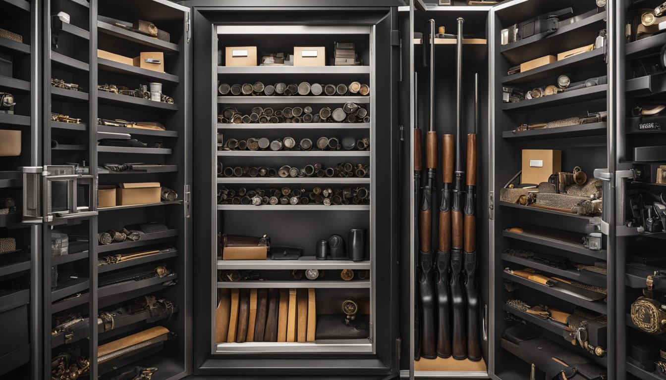 A gun safe with neatly arranged firearms, ammunition, and accessories. Shelves and compartments are utilized efficiently, with smaller items stored in containers for easy access