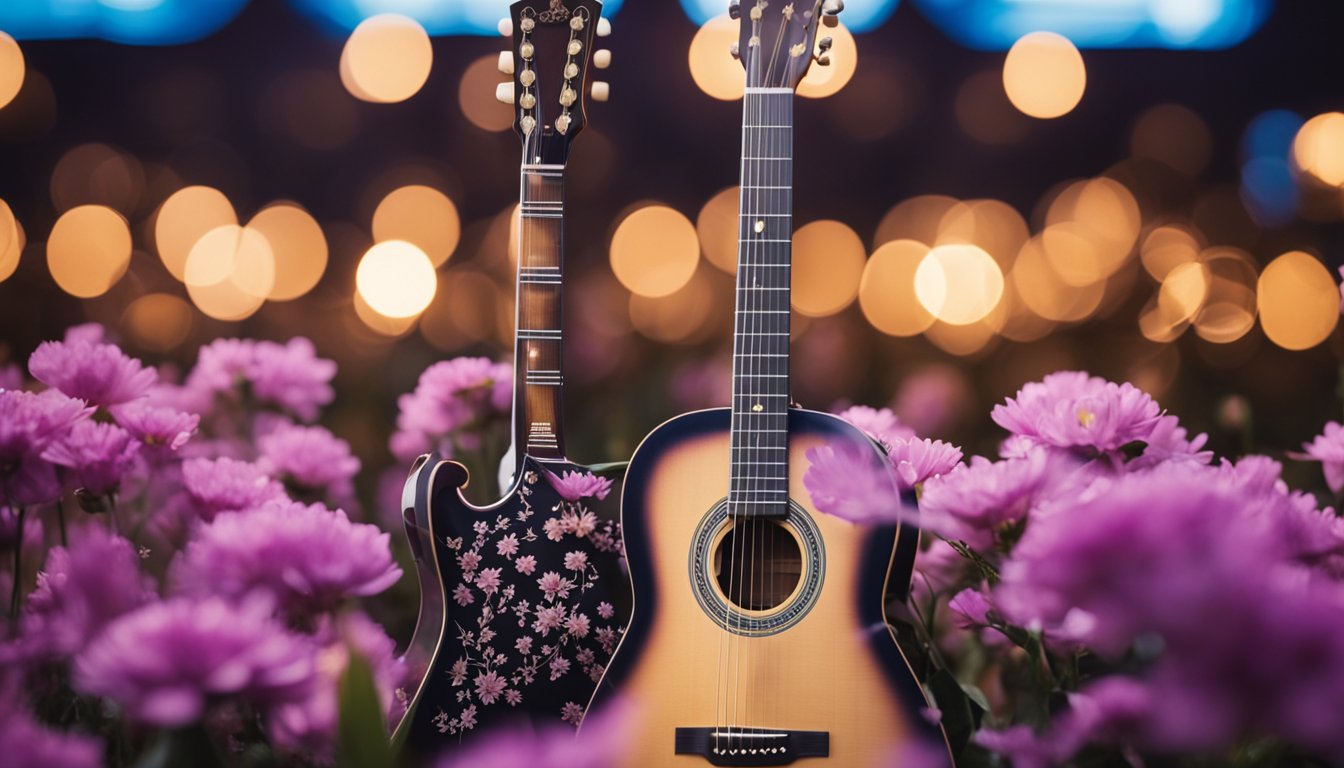 A guitar surrounded by flowers and a spotlight, with a crowd of fans in the background